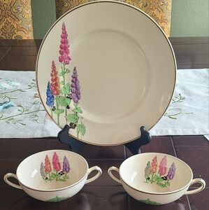 Hollyhocks plate and soup bowls from 1929 or 1930 handpainted with gold rim🐣